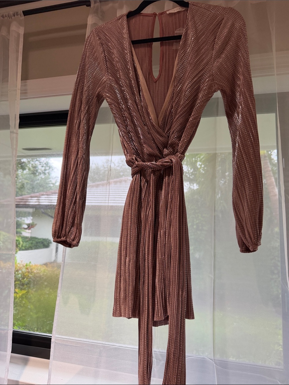 Lush Metallic Mauve Wrap Romper with Long Sleeves